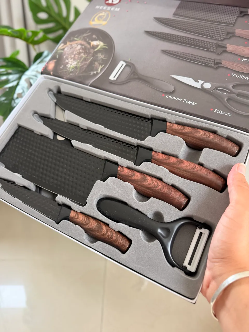 Kit profissional 6 peças de cozinha HEESEM — Cleaver, Chef, Slicer, Utility, Peeler, Tesoura